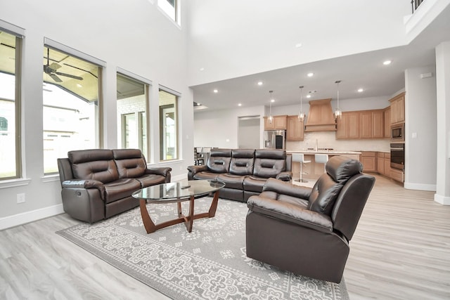 living area with light wood-type flooring, baseboards, and a wealth of natural light
