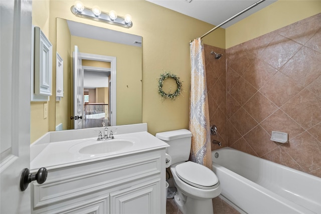 full bathroom with toilet, shower / bath combo, visible vents, and vanity