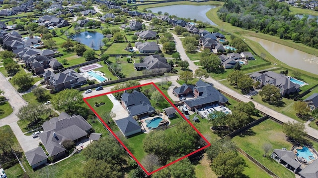 17310 Calico Peak Way, Cypress, TX 77433 - aerial view of residential area with a nearby body of water and property parcel outlined