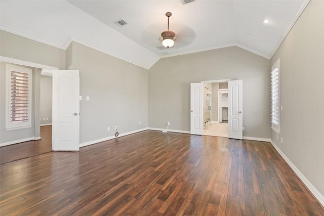 17310 Calico Peak Way, Cypress, TX 77433 - unfurnished bedroom featuring crown molding, dark wood finished floors, lofted ceiling, baseboards, and ceiling fan