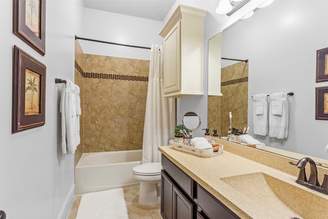 bathroom featuring shower / bathtub combination with curtain, vanity, toilet, baseboards, and tile patterned floors