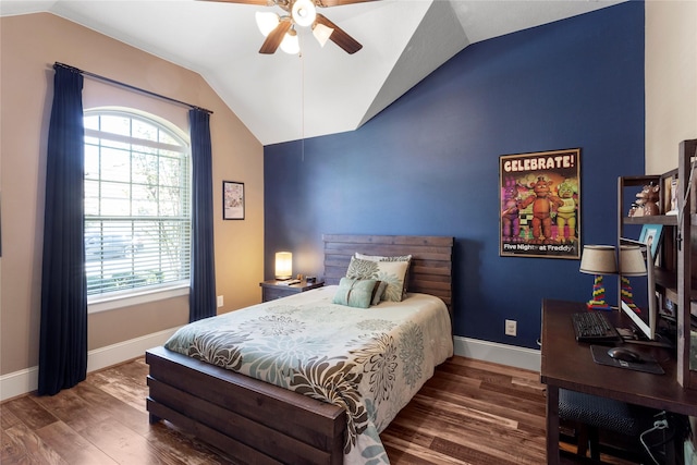 bedroom featuring baseboards, vaulted ceiling, wood finished floors, and ceiling fan