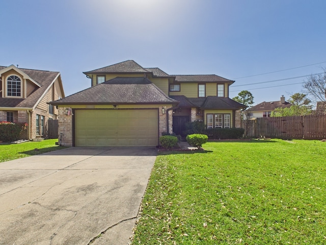 13523 Pasa Robles Ln, Houston, TX 77083 - view of front facade featuring concrete driveway, an attached garage, fence, brick siding, and a front lawn