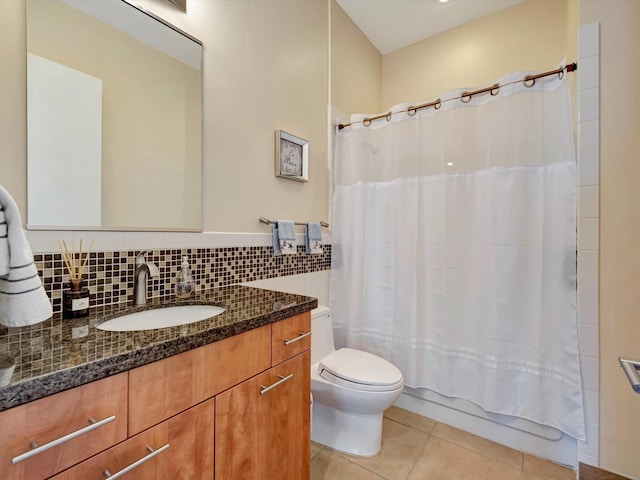 full bathroom with tile patterned flooring, vanity, shower / bathtub combination with curtain, toilet, and decorative backsplash