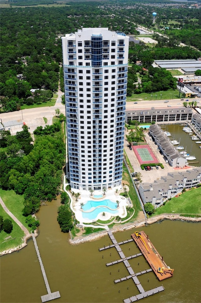 drone / aerial view featuring a water view