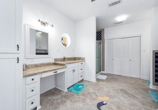 full bathroom with a closet, visible vents, a stall shower, and vanity