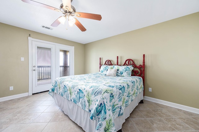 bedroom with access to exterior, a ceiling fan, light tile patterned floors, baseboards, and visible vents