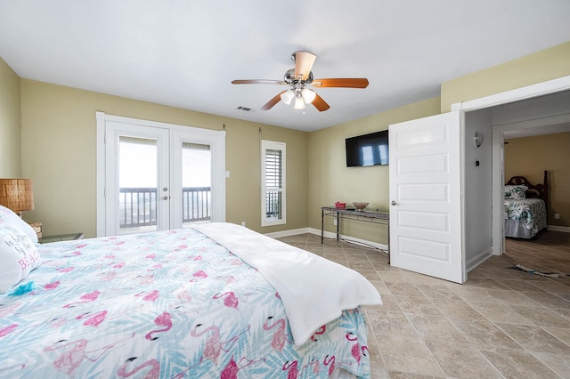 bedroom featuring french doors, baseboards, access to outside, ceiling fan, and visible vents