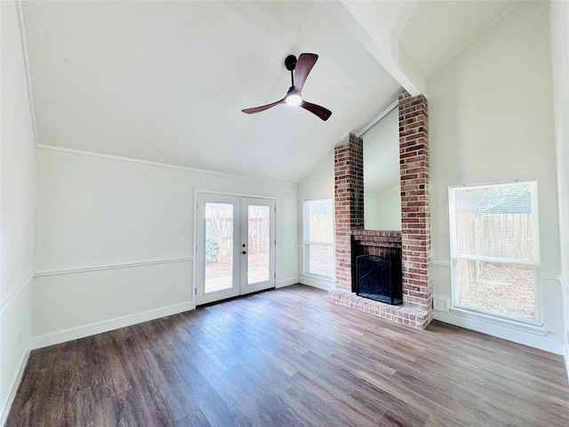 8522 Pearl Lake Dr, Houston, TX 77095 - unfurnished living room with wood finished floors, a ceiling fan, french doors, beam ceiling, and baseboards