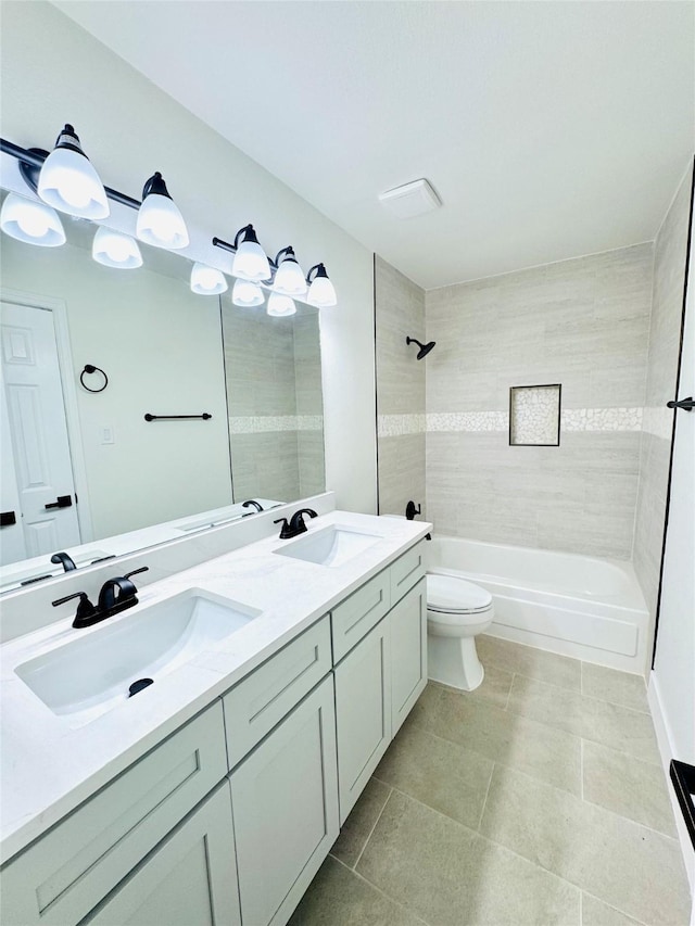 8522 Pearl Lake Dr, Houston, TX 77095 - full bath with double vanity, toilet,  shower combination, and tile patterned floors