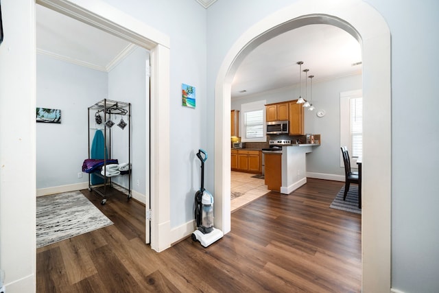 3529 Avenue S, Galveston, TX 77550 - corridor with arched walkways, dark wood-style floors, ornamental molding, and a wealth of natural light