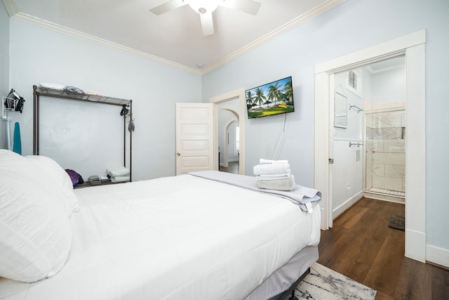 3529 Avenue S, Galveston, TX 77550 - bedroom featuring crown molding, wood finished floors, baseboards, visible vents, and ceiling fan