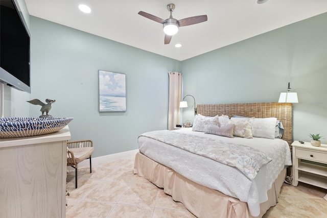 bedroom featuring light tile patterned floors, baseboards, ceiling fan, and recessed lighting