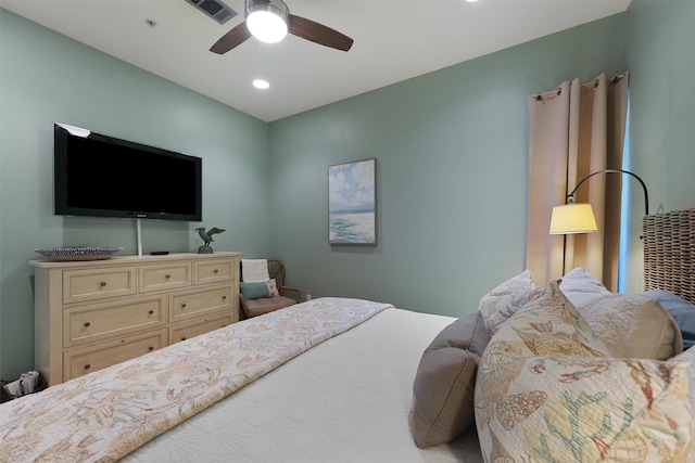 bedroom with visible vents, ceiling fan, and recessed lighting