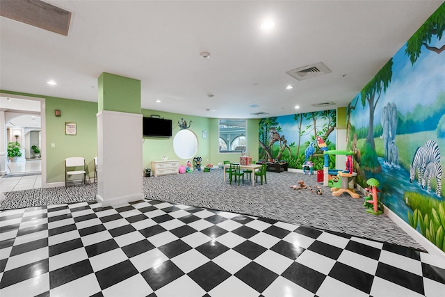 rec room featuring baseboards, visible vents, tile patterned floors, and recessed lighting