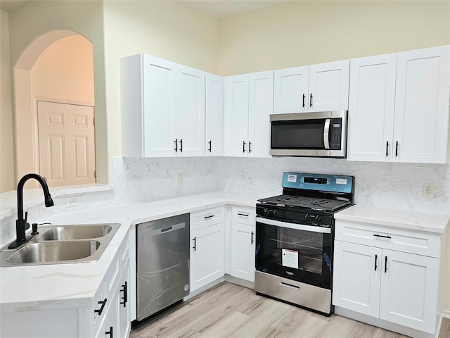 kitchen featuring white cabinets, a sink, backsplash, and appliances with stainless steel finishes