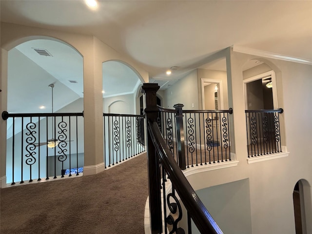29431 Amber Meadows Ct, Katy, TX 77494 - corridor featuring carpet flooring, an upstairs landing, lofted ceiling, and visible vents