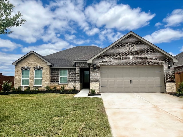 single story home featuring a front yard, an attached garage, stone siding, concrete driveway, and roof with shingles