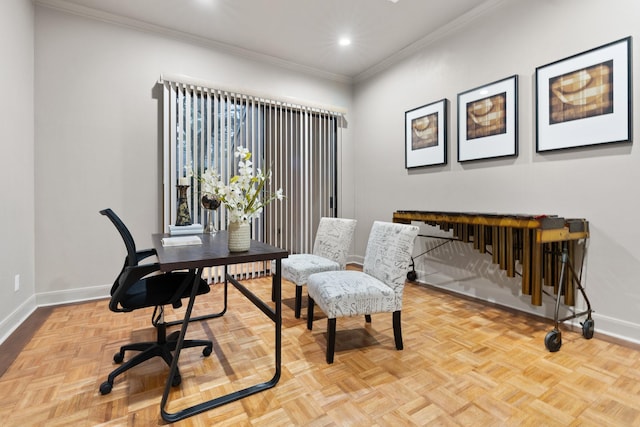 9171 Briar Frst, Houston, TX 77024 - office area featuring baseboards, ornamental molding, and recessed lighting