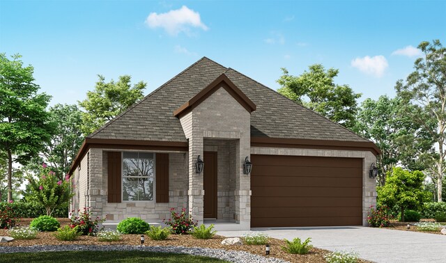 9415 Floral Falls Ln, Cypress, TX 77433 - view of front of property with an attached garage, a shingled roof, stone siding, driveway, and brick siding