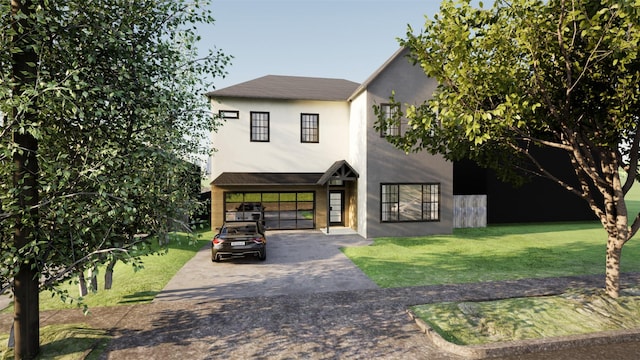 view of front facade with a carport, a front lawn, driveway, and stucco siding