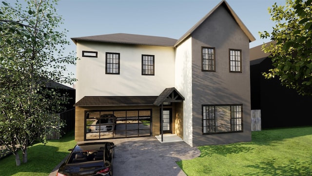 contemporary home featuring a garage, aphalt driveway, stucco siding, and a front lawn