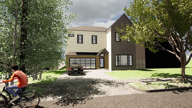 view of front of home with concrete driveway, stucco siding, a garage, and a front yard