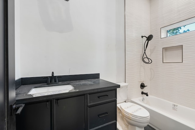 full bathroom with toilet, vanity, and bathing tub / shower combination