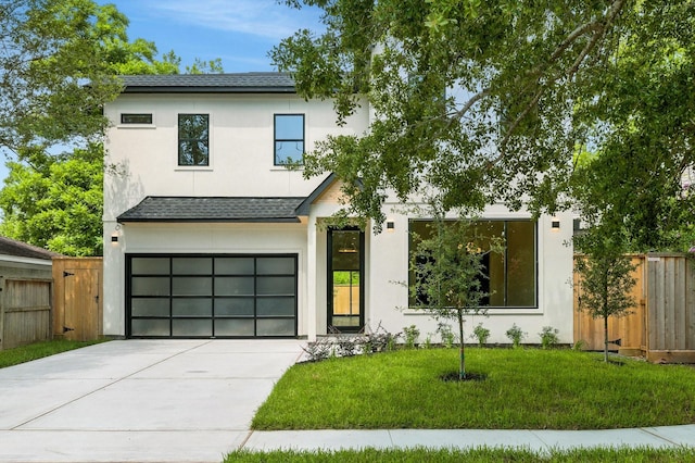 6536 Community Dr, West University Place, TX 77005 - view of front of house with a garage, concrete driveway, stucco siding, and a shingled roof