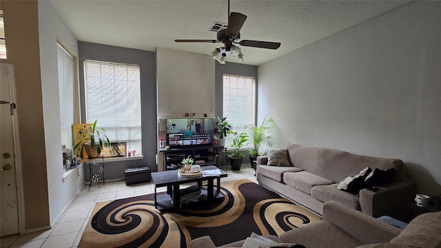 8888 Benning Dr Unit 152, Houston, TX 77031 - living area with light tile patterned flooring, a textured ceiling, visible vents, and a ceiling fan