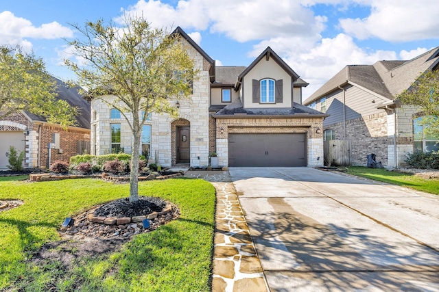 2316 Iron Ridge Ln, Friendswood, TX 77546 - french country inspired facade featuring a garage, a front lawn, concrete driveway, stone siding, and stucco siding