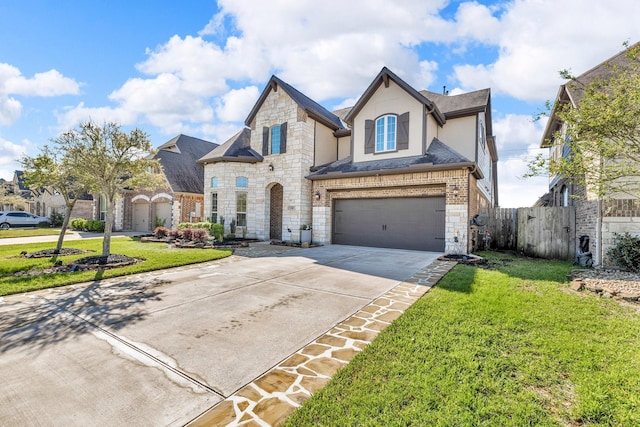 2316 Iron Ridge Ln, Friendswood, TX 77546 - french country home with a front lawn, fence, stone siding, stucco siding, and concrete driveway