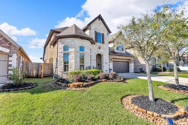 2316 Iron Ridge Ln, Friendswood, TX 77546 - french country style house with fence, driveway, stone siding, and a front lawn