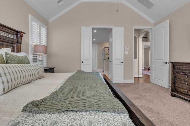 2316 Iron Ridge Ln, Friendswood, TX 77546 - carpeted bedroom with crown molding, lofted ceiling, and visible vents