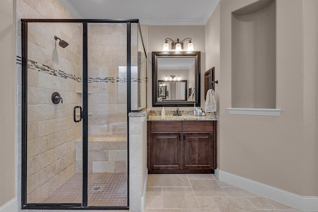 2316 Iron Ridge Ln, Friendswood, TX 77546 - full bath featuring crown molding, baseboards, a shower stall, and vanity