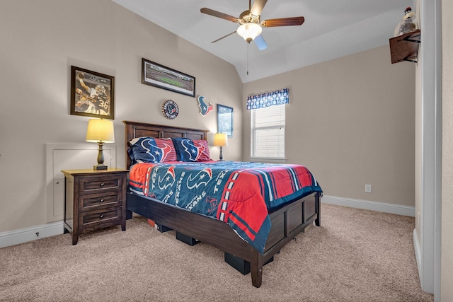 2316 Iron Ridge Ln, Friendswood, TX 77546 - carpeted bedroom with baseboards, ceiling fan, and lofted ceiling