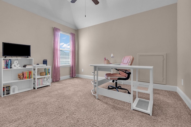 2316 Iron Ridge Ln, Friendswood, TX 77546 - office space with carpet floors, a ceiling fan, baseboards, and vaulted ceiling