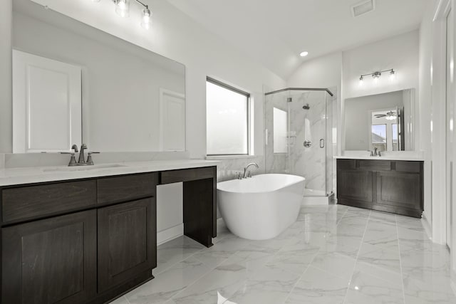 10403 Shining Dawn Way, Richmond, TX 77406 - bathroom with a marble finish shower, a soaking tub, two vanities, marble finish flooring, and recessed lighting
