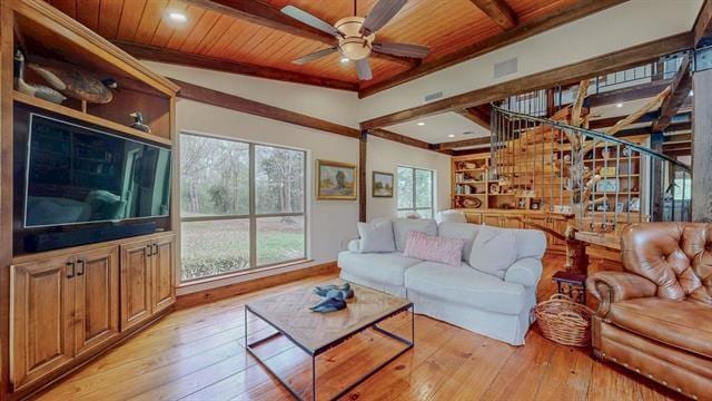living area featuring light wood-style floors, wood ceiling, stairway, and a ceiling fan