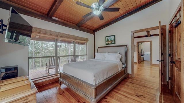bedroom featuring wood ceiling, vaulted ceiling with beams, and hardwood / wood-style flooring