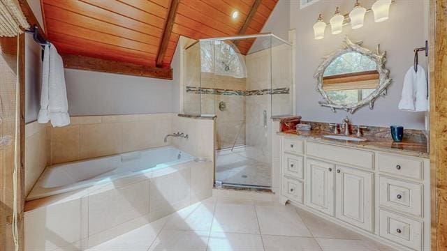 bathroom featuring a shower stall, vanity, lofted ceiling, tile patterned flooring, and wood ceiling