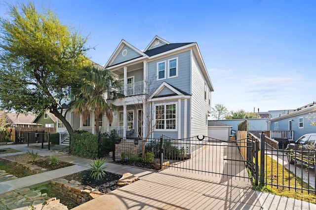 view of front of house with a balcony, a gate, a fenced front yard, driveway, and covered porch