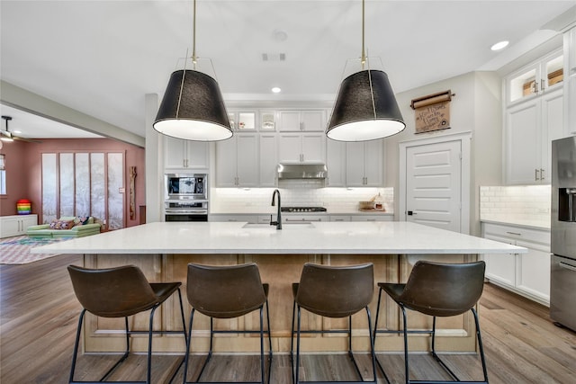 325 Bromley Square Dr, Montgomery, TX 77316 - kitchen featuring tasteful backsplash, a sink, light countertops, under cabinet range hood, and stainless steel appliances