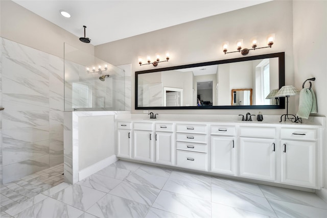 325 Bromley Square Dr, Montgomery, TX 77316 - bathroom with a walk in shower, a sink, marble finish floor, and double vanity