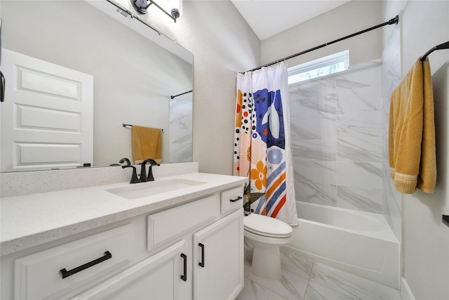 325 Bromley Square Dr, Montgomery, TX 77316 - bathroom featuring toilet, shower / bath combo with shower curtain, marble finish floor, and vanity