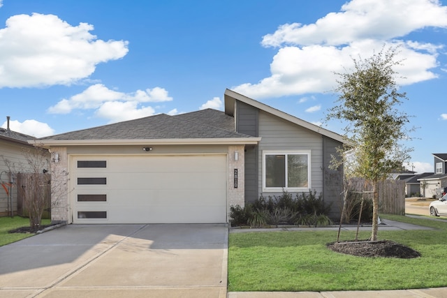 view of front facade featuring concrete driveway, a garage, a front lawn, brick siding, and a shingled roof