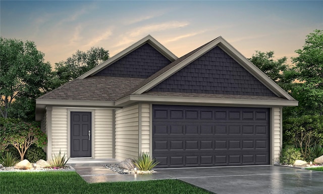 single story home with driveway, a garage, and roof with shingles