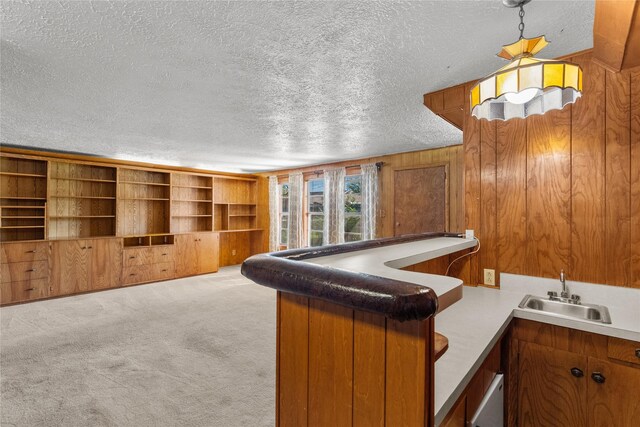 1403 Marlock Ln, Pasadena, TX 77502 - indoor wet bar with a textured ceiling, light carpet, and wood walls