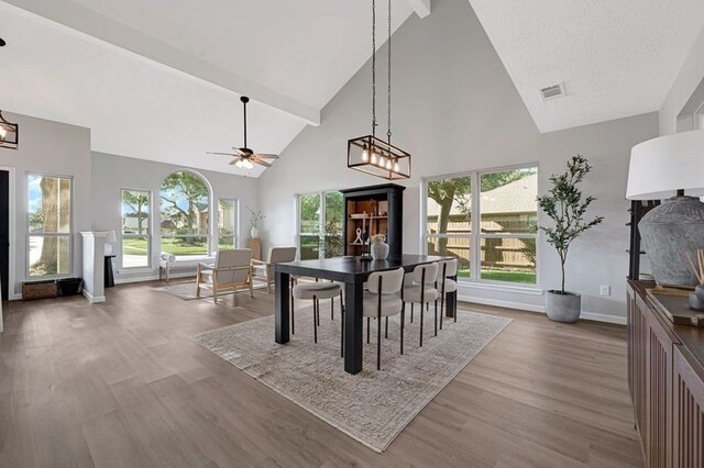 1410 Wesley Ln, Deer Park, TX 77536 - dining room with high vaulted ceiling, beam ceiling, a chandelier, wood finished floors, and baseboards