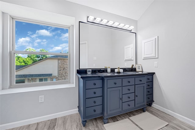 1410 Wesley Ln, Deer Park, TX 77536 - full bathroom featuring wood finished floors, double vanity, baseboards, and lofted ceiling